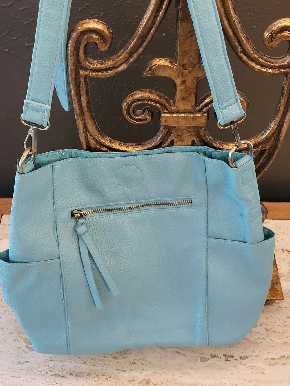 Kayleigh Side Pocket Bucket Bag Aquamarine Pebbled Vegan Leather